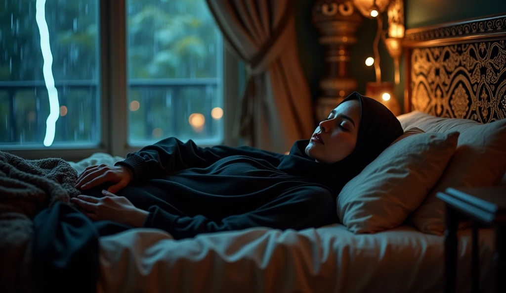 Rain sleep Muslim woman black veil glass window sleeping in a room with lightning rain 
