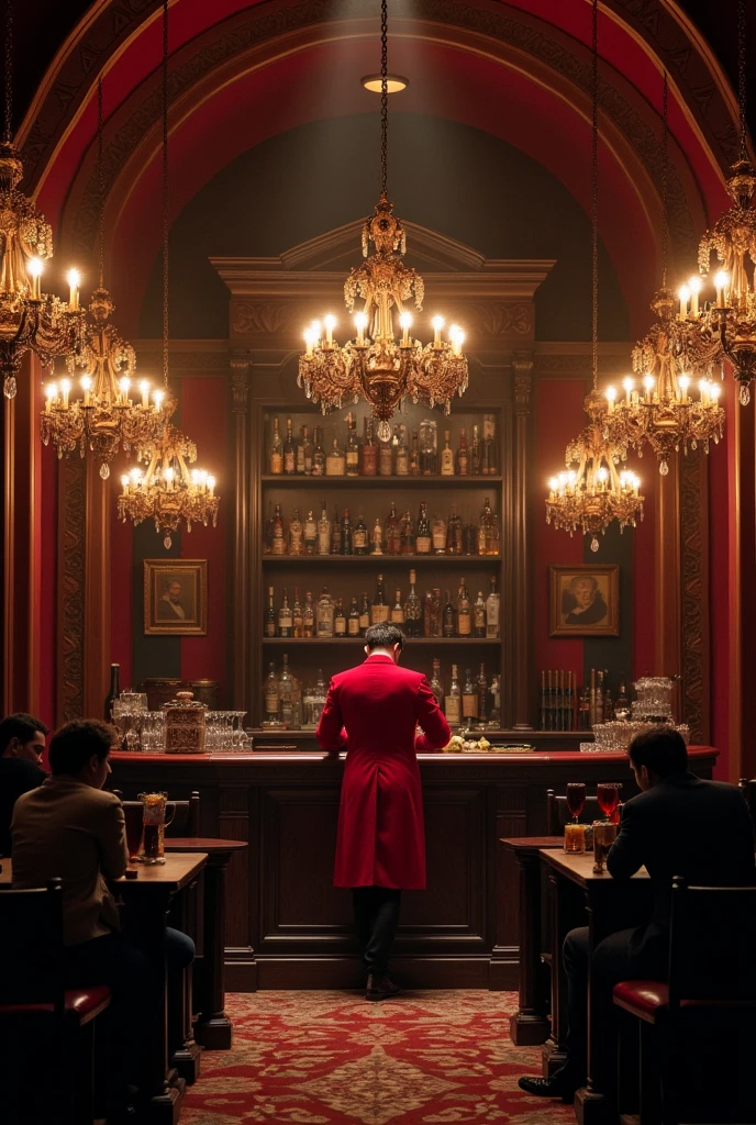 On a large theater stage, the scenography of a large rustic bar with antique details in red and black tones, the counter located in the middle, a mysterious man wearing a red overcoat behind the counter rubbing a glass with a cloth, a large sideboard behind the very old 18th century man, 3 imperial chandeliers, in the center on the left and right. two tables, left and right with 3 people at home