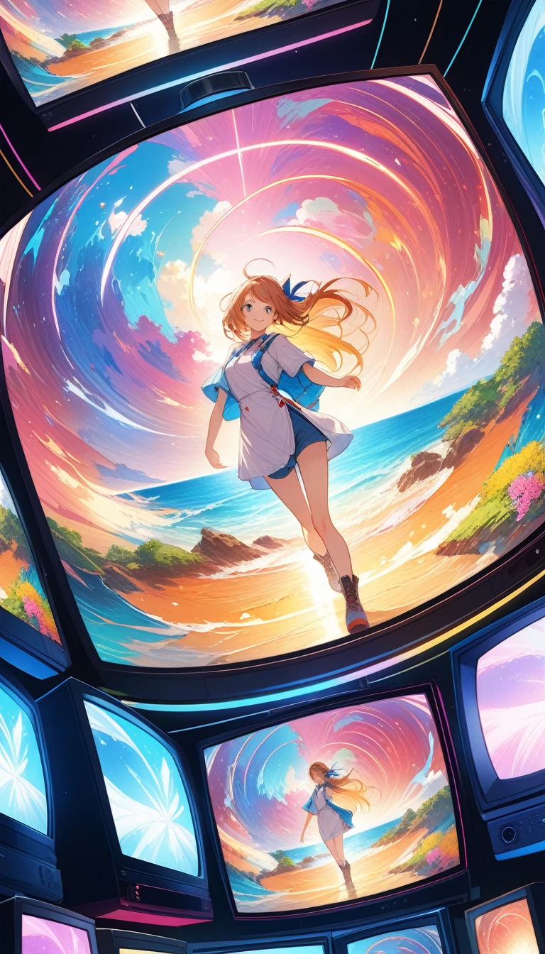 anime style, super fine illustration, highly detailed, dynamic angle, beautiful detailed, 8k, In front of numerous cathode-ray tube televisions, BREAK various programs are being broadcasted. A woman gazes at them, BREAK smiling amidst the colorful scenes.(highest quality、masterpiece、High resolution、detailed)animeスタイル、flat style、(Shining Eyes、detailed美しい顔), BREAK,Dynamic Angles、anime, cute girl, 18 years old, ((perfect anatomy)), ((cowboy shot)), ((32k)), ((best quality)), ((ultra high res)), ((HDR)), ((UHD)), ((extremely detailed CG)), ((unity 32k wallpaper)), (((anime colored))),