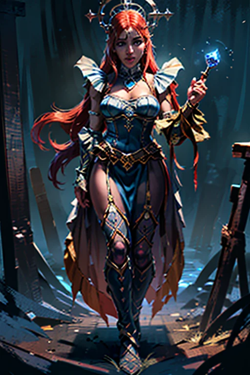high details, best quality, 8k, [ultra detailed], masterpiece, best quality, (extremely detailed), dynamic angle, ultra wide shot, photorealistic, fantasy art, dnd art, rpg art, realistic art, an ultra wide picture of female dwarf cleric, holding axe with red fire on it , casting a spell, LnF wearing heavy armor, white armor (best details, Masterpiece, best quality: 1.5), blue cloak (intricate details, Masterpiece, best quality), holy symbol,(best details, Masterpiece, best quality: 1.5), from symbol GlowingRunes_paleblue, beautiful female dwarf, ultra detailed face, ultra feminine, red hair, intense eyes, green eyes, D&D female dwarf (best details, Masterpiece, best quality: 1.5) fantasy temple background, celestial background, ((divine worship atmosphere)), high details, best quality, highres, ultra wide angle