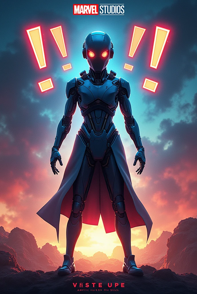 Marvel style promotional poster featuring a thin cyborg main character with a robotic head with two exclamation marks on his face, in an epic pose with a title that says "mistic user" with a medium robotic font style and below and smaller in a minimalist font style "waking up from shock" with a movie image tone and with the marvelstudios logo above the text and small