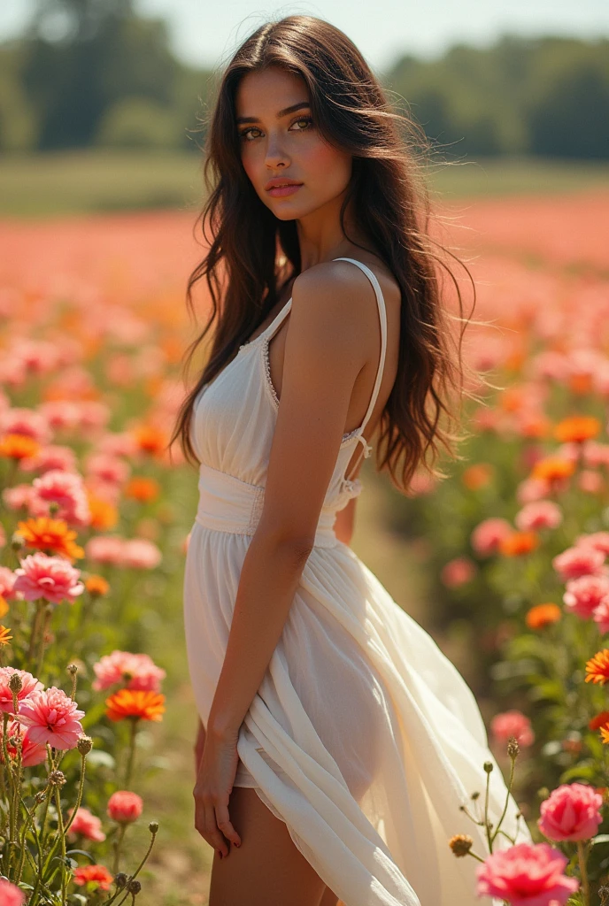 latina woman, beautiful detailed face, beautiful detailed eyes, beautiful detailed lips, extremely detailed face, long eyelashes, barefoot, showing feet, white dress, standing in a field of flowers, natural lighting, fantasy, elegant, cinematic, intricate details, high quality, 8k, photorealistic, masterpiece, vivid colors, ultra-detailed