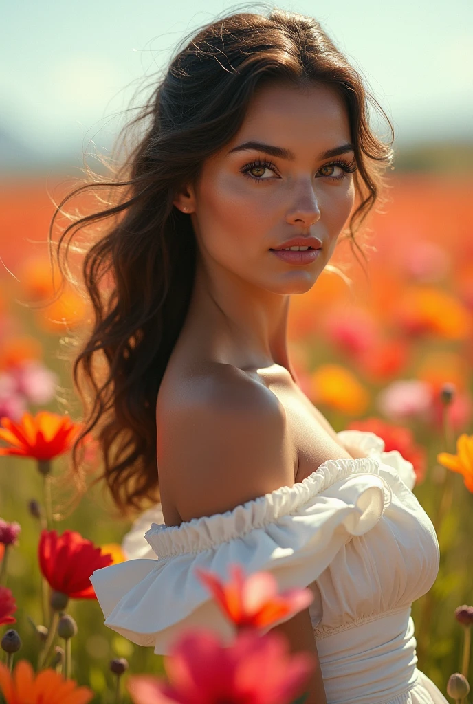 latina woman, beautiful detailed face, beautiful detailed eyes, beautiful detailed lips, extremely detailed face, long eyelashes, barefoot, showing feet, white dress, standing in a field of flowers, natural lighting, fantasy, elegant, cinematic, intricate details, high quality, 8k, photorealistic, masterpiece, vivid colors, ultra-detailed