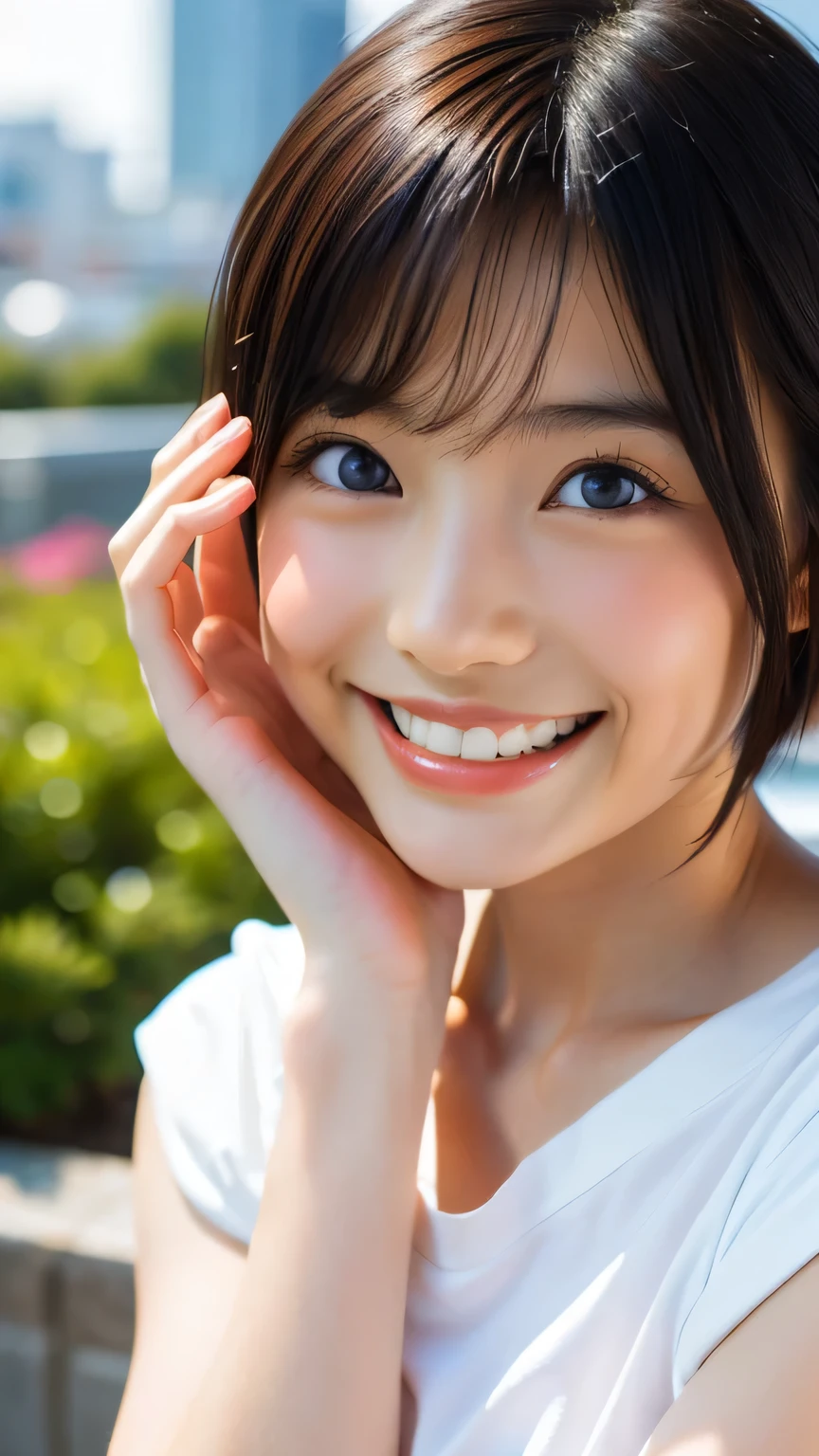 (Beautiful Japanese woman), Cute Face, (Deeply chiseled face:0.7), (freckles:0.6), Soft Light,Healthy white skin, shy, Very Short Hair, (A big smile:1.2), (Sparkling eyes), thin