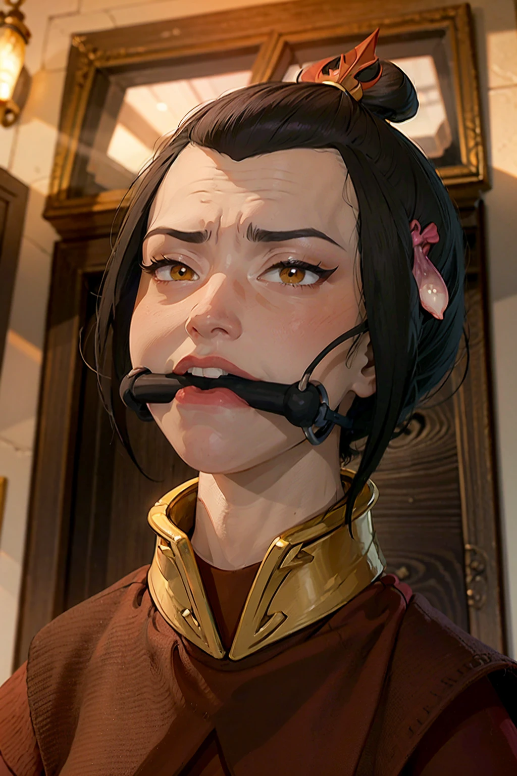 8k, ray tracing, vibrant colors, (1girl), (solo:1.4), (Azula:1.4), red clothes, black hair, short hair, topknot, (bitgag:1.9), full body, (brown orange eyes:1.4), slender body, masterpiece, sharp focus, Best Quality, depth of field, cinematic lighting, very detailed clothes, (used condoms, condom belt, used condom belt, condom hair ornament:1.6), Perfect eyes, perfect hair, Rich in details and textures, masterpiece, Best Quality, beautiful girl, Sun light, chiaroscuro, (perfect hands:0.7, Clean hands:0.7), ((((Professional photography)))), ((Dream)), Whole body
