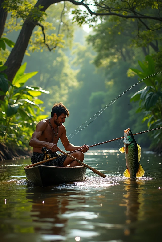 
Imagine a fisherman in a small boat, with an oar attached to the side. He is sweaty and struggling to pull in a peacock bass that is struggling hard in the water.. The fish is big and looks really angry, with scales shining and fins spread in a fluttering motion. The fisherman is using a fishing rod bent under tension, and his expression is one of effort and concentration. The surrounding scenery is a river with dense vegetation and some trees in the background., creating a natural and vibrant environment.