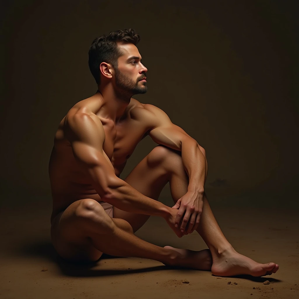 a naked man sitting on the ground, barefoot, soles visible, detailed facial features, muscular physique, serene expression, natural lighting, photorealistic, cinematic composition, chiaroscuro lighting, warm color tones, dramatic shadows, highly detailed, 8k, hyperrealistic, award winning digital art