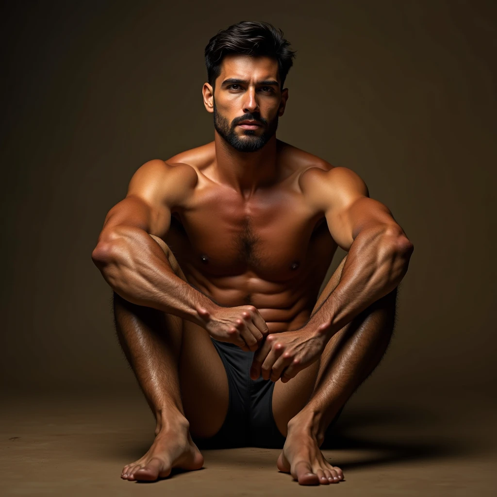 a naked man sitting on the ground, barefoot, soles visible, detailed facial features, muscular physique, serene expression, natural lighting, photorealistic, cinematic composition, chiaroscuro lighting, warm color tones, dramatic shadows, highly detailed, 8k, hyperrealistic, award winning digital art