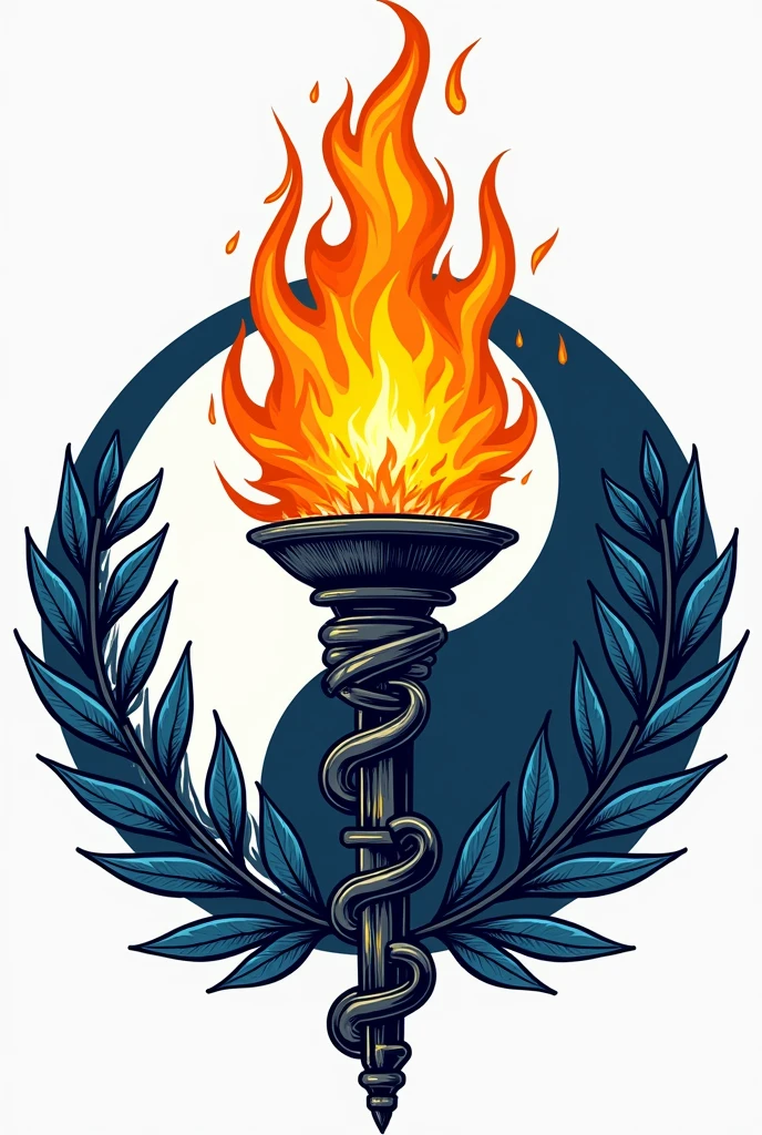 (Logo design for embroidery) a torch made of chains and lit on olive leaves, in white, Blue and yellow in the background a circle of jin and jang.
phrase, Martial Attitude.

