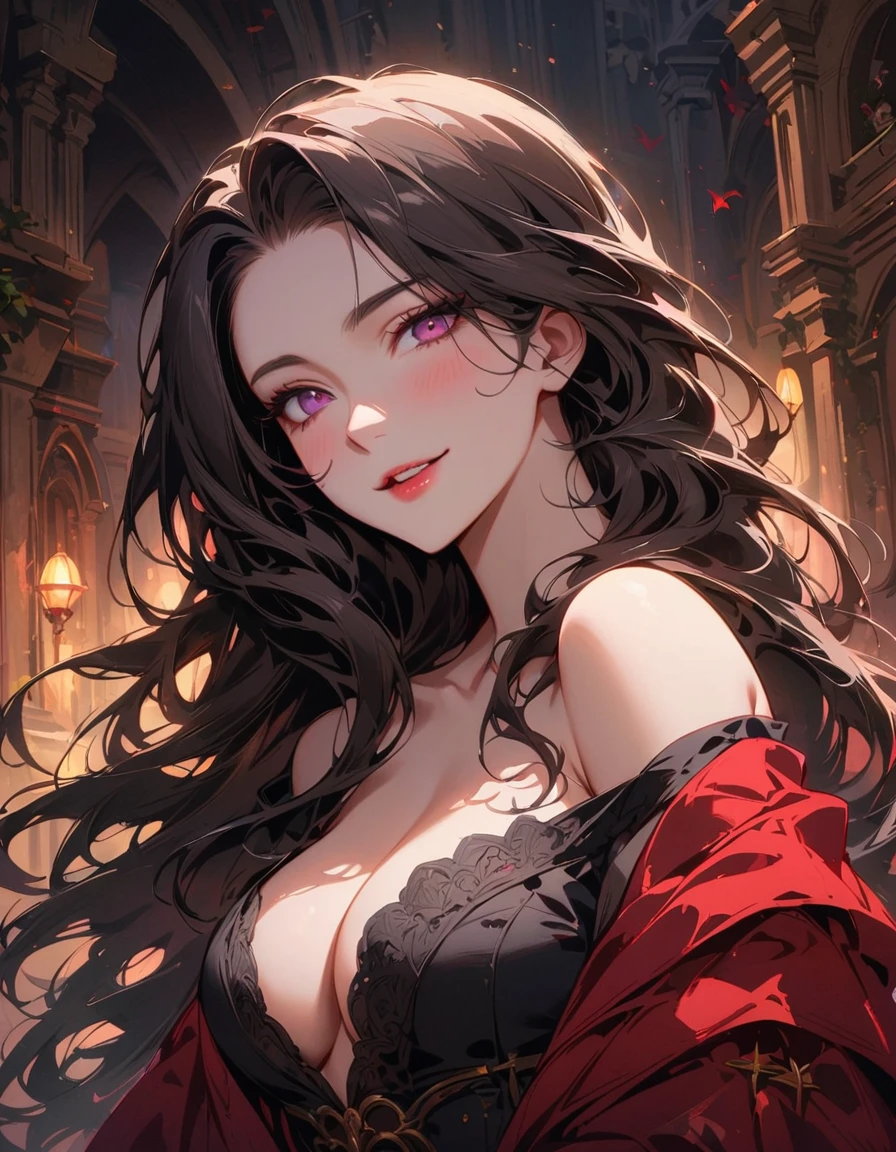 detailed textures, high quality, high resolution, high accuracy, Realism, color correction, correct lighting settings, harmonious composition. 1 girl, curvaceous, seductive girl, a vampire, a tempting look, mysterious eyes, long hair, black hair, looks at the viewer, head tilt, smile, blush, Fantastic depth of field, (seductive and fatal), тайное собрание a vampireов в готическом особняке, rich in velvet draperies and ancient artifacts, under the light of the bloody moon--ar 3:4- Niji 6