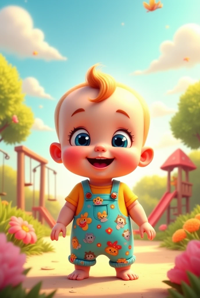 Cartoon of a baby wearing a romper and smiling