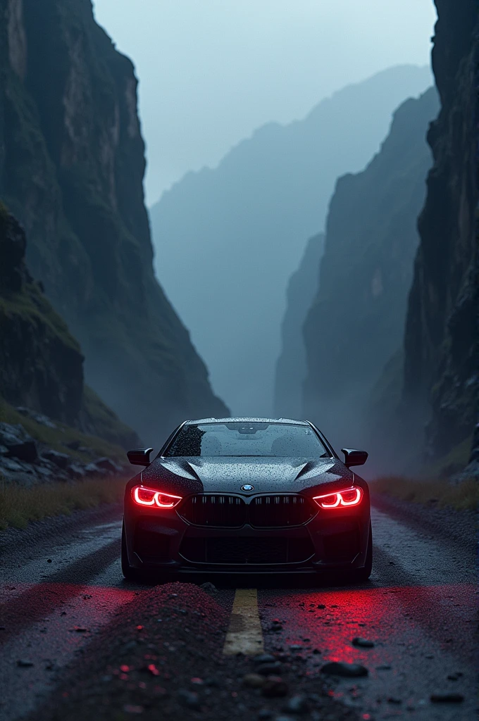 BMW M8 sports and scary red lights from the profile in a dark space and like reality in scary mountain valleys.