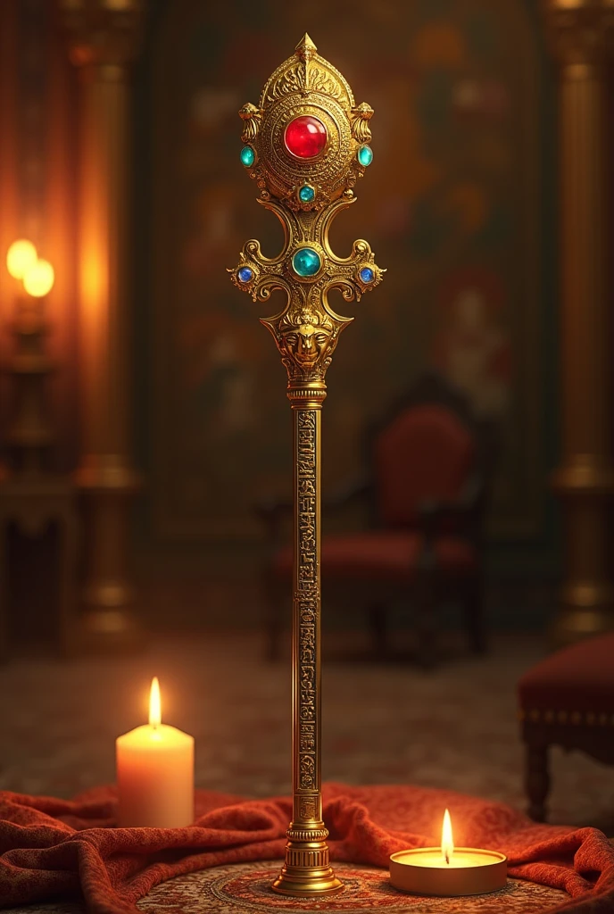 A golden scepter decorated with Egyptian hieroglyphics and a head in the shape of a scarab or the goddess Hathor. The scepter is inlaid with precious stones and has a subtle glow that reflects the majesty of the pharaoh..