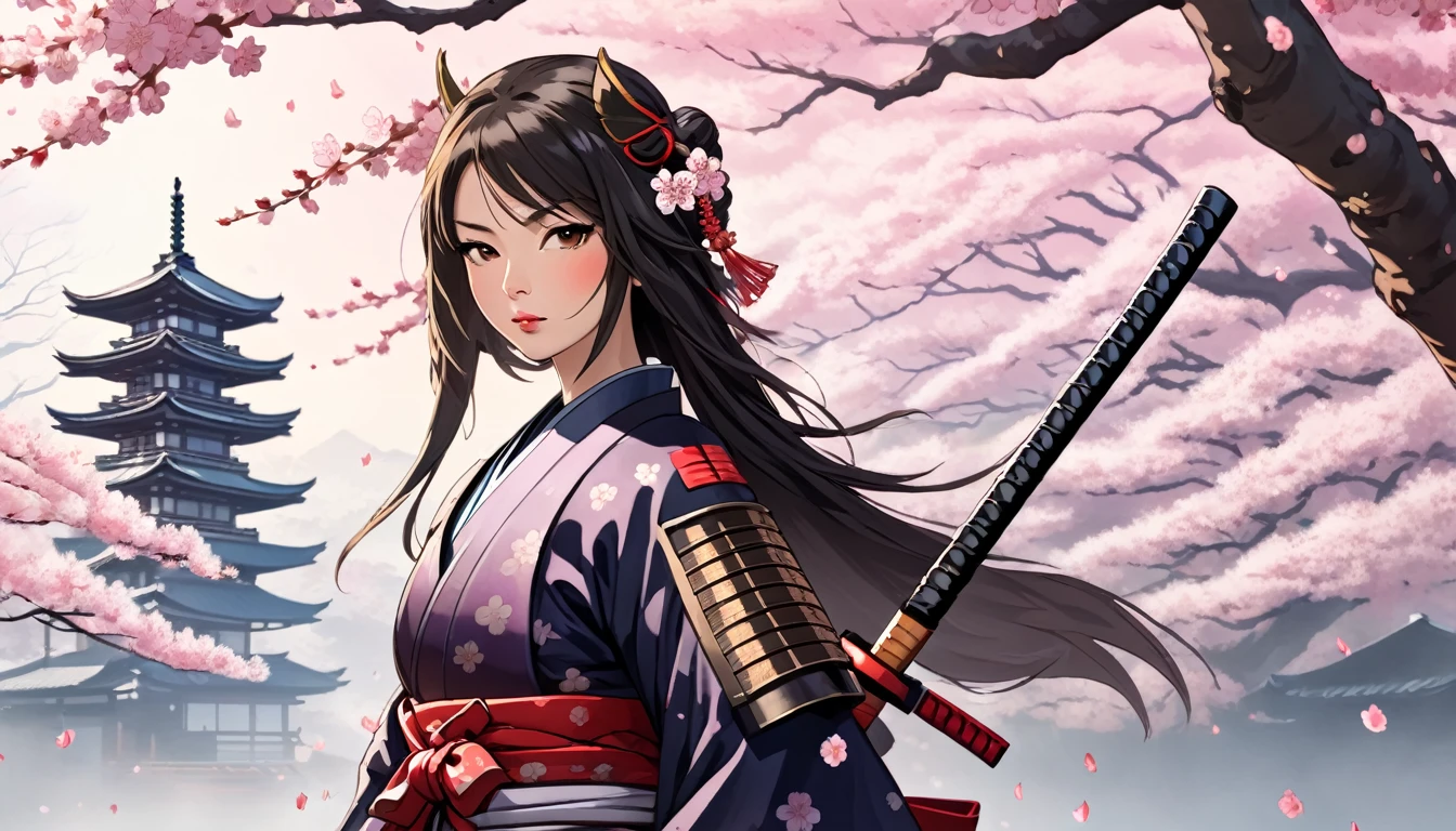 Female samurai,Background is cherry blossoms and a Japanese temple