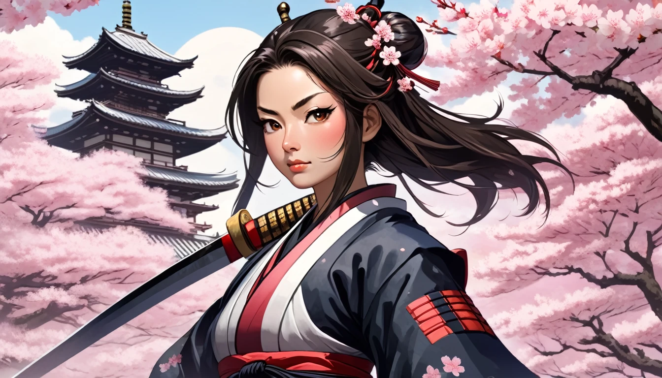 Female samurai,Background is cherry blossoms and a Japanese temple