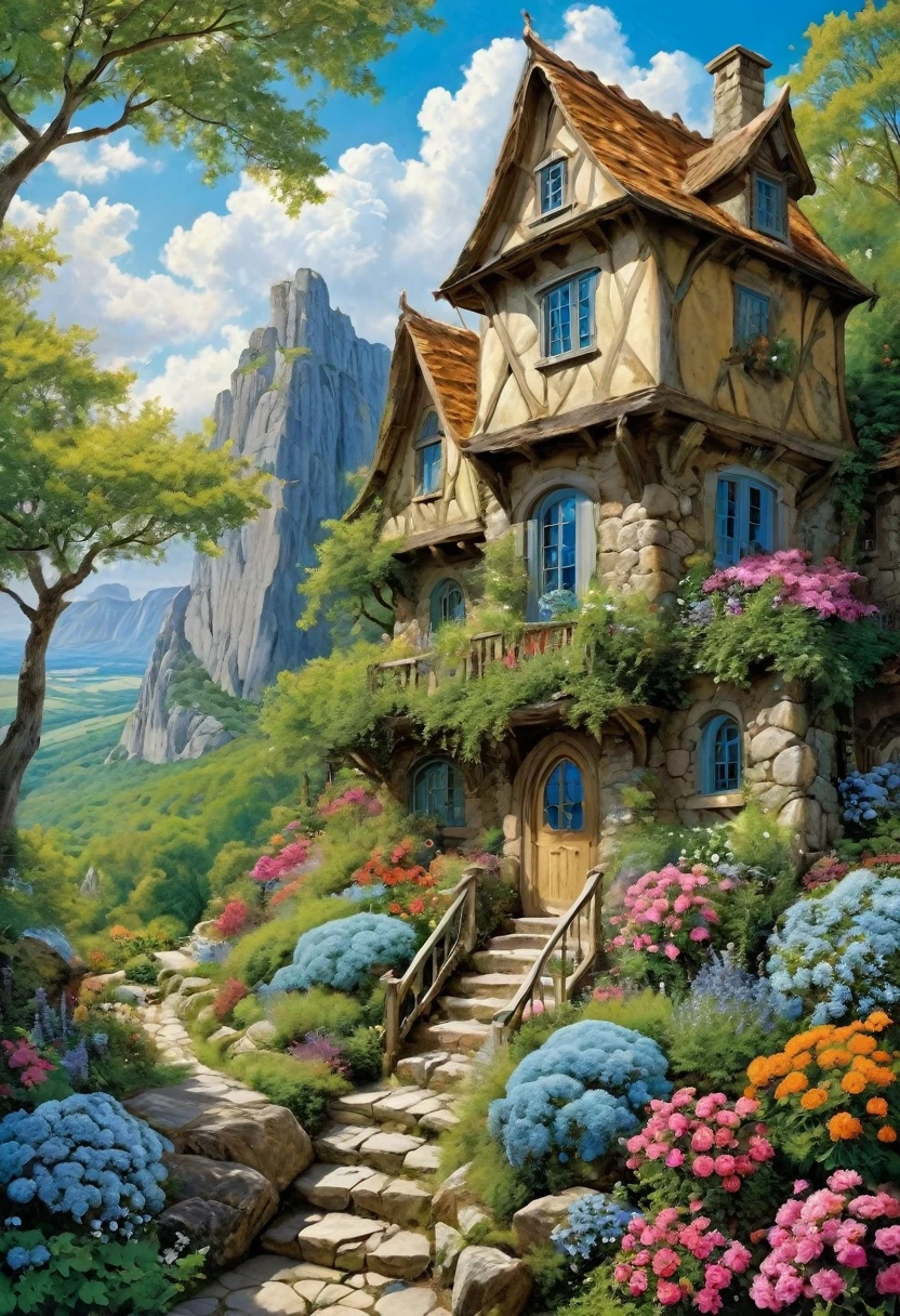 Vibrant, detailed digital painting of a whimsical, multi-story house perched on a rocky cliff. The house features a mix of wooden and stone elements, with steep, red-tiled roofs and multiple chimneys. The structure is surrounded by lush greenery, including trees, bushes, and colorful flowers, creating a lively and enchanting atmosphere. The sky is filled with fluffy, white clouds against a bright blue backdrop, adding to the overall cheerful and magical feel of the scene. The painting is rich in color and texture, with intricate details that bring the fantasy setting to life.