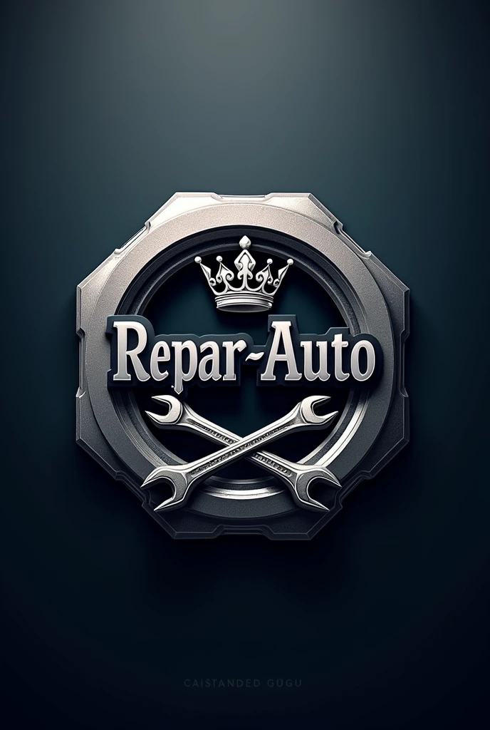 Make an automotive workshop logo with a nut with a crown on top, two keys in the center and it says ReparAuto