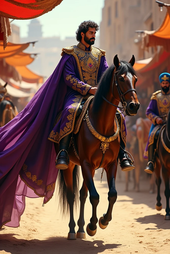 Create for me an image of a man in royal attire without a crown with a purple cape riding a horse in front of the horse make a general who rides that same horse in the background the Persian market