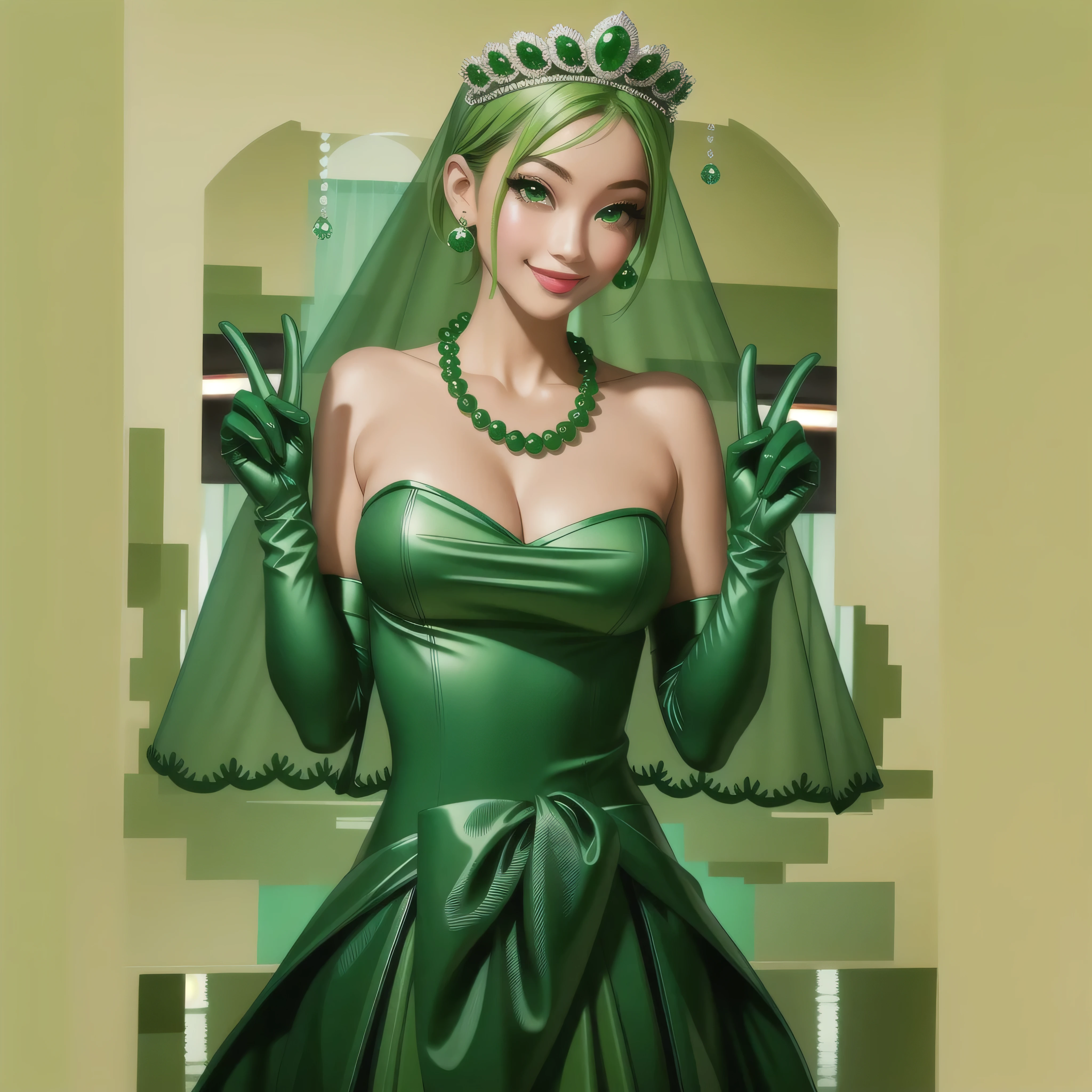 Emerald tiara, Green Pearl Necklace, Boyish very short green hair, Green Lips, Smiling Japanese woman, Very short hair, Busty beautiful lady, Green Eyes, Green satin long gloves, Green Eyes, Emerald Earrings, Green veil, all, Green Hair, Beautiful Japanese Woman, green lip gloss