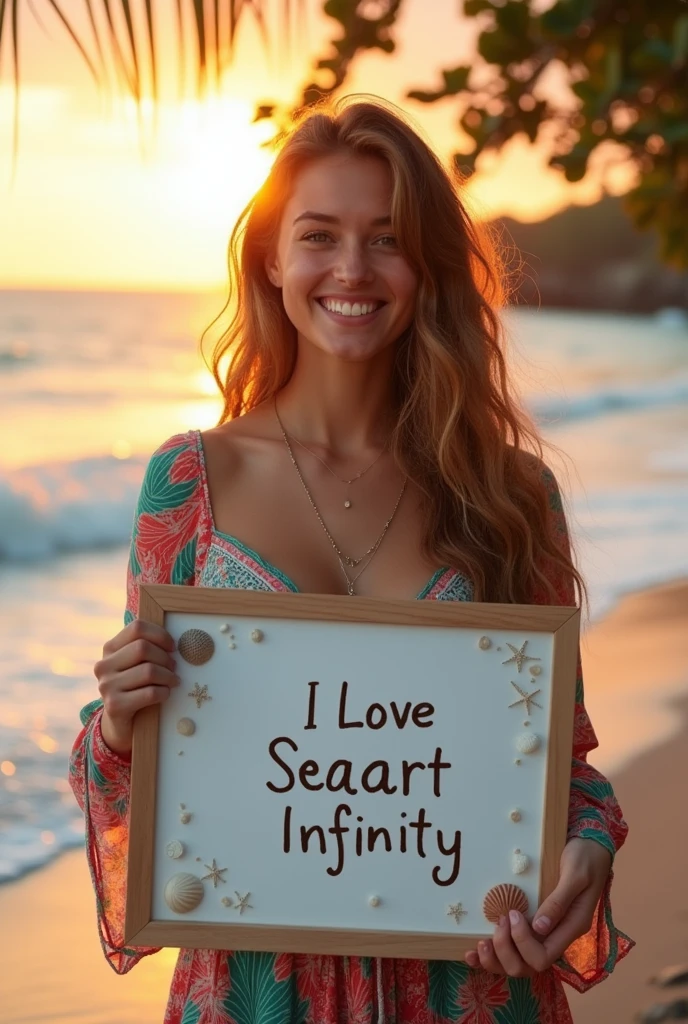 Beautiful girl with wavy long hair, bohemian dress, holding a white board with text "I Love Seaart Infinity" and showing it to the viewer