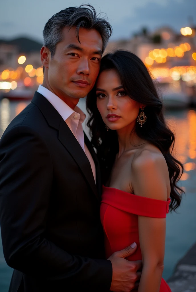 Make a cover for a book, where the background is a port featuring a couple, a 30 year old muscular white Brazilian man, Cao Cao, slightly gray and in a well-groomed black suit, the white brazilian woman, black hair slightly wavy at the ends, almond eyes and sensual red dress, small ceios. Both look at the front of the screen. Highlight the port a little more