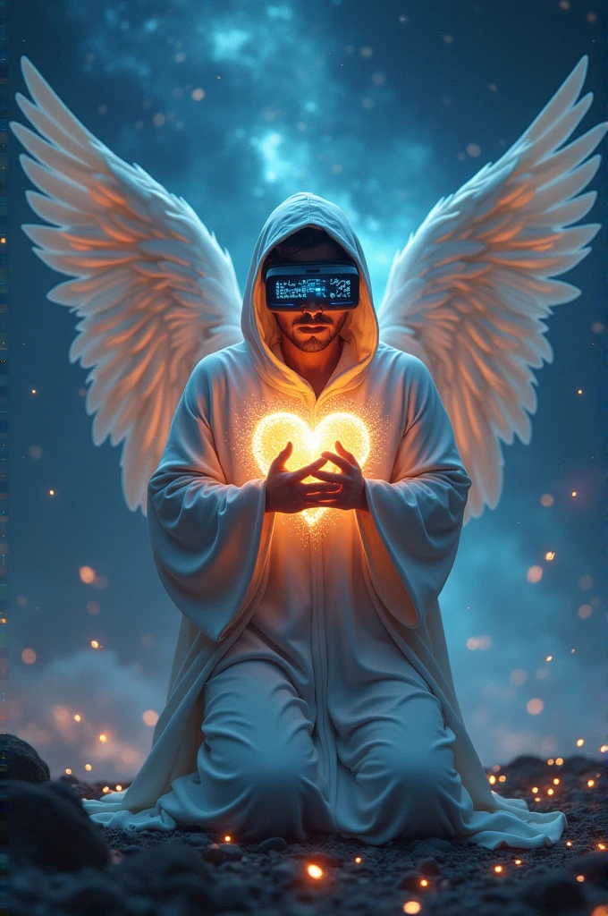 Guardian angel man prays in virtual reality glasses, in a hood