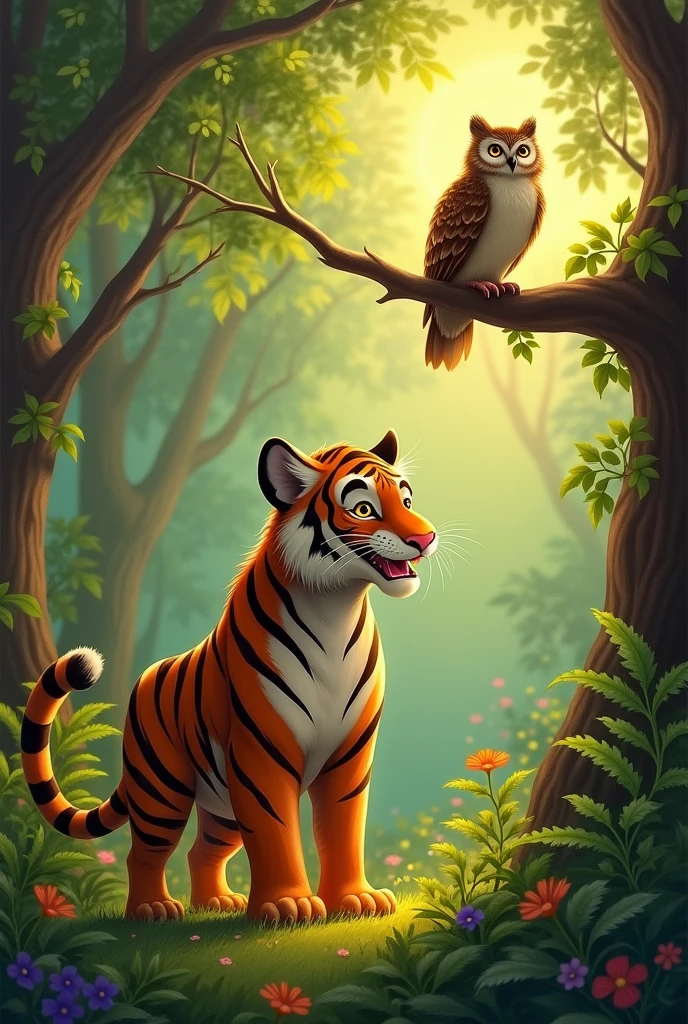 Tiger thought about the owl's words but laughed again with the confidence of his youth.. "I don't need to seek wisdom. My strength is enough for me!" he said and left from there. tiger and owl be mature