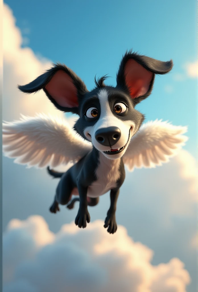 stray dog character, no race, eyes black, grown-up, black ears, white snout, hindlegs, black tail and back, around the neck chest and front legs all white, black ears, long snout, long muzzle, cachorro grande grown-up, Scrawny, comprido, hairless, white front legs, with white angel wings, flying with sky and clouds background, long snout, ears pricked, animation character, stylized character, animation style rendering, 3d stylized, Arnold Maya rendering, Stylized 3D rendering, toon render screenshot, 3d character, 3d character, Stylized 3D rendering, 3D character rendering, cartoon character, Personagem de close up, character posing, (Pixar-style) (master part:1.2) (bokeh) (best quality) (skin detailed) (detailed texture) (8k) (Argilla) (cinematic lighting) (sharp focus