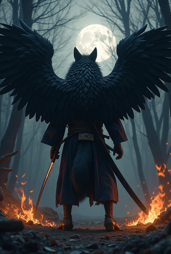 black werewolf,gigant ass, kamishimo, two katanas, black wings, neck on fire.