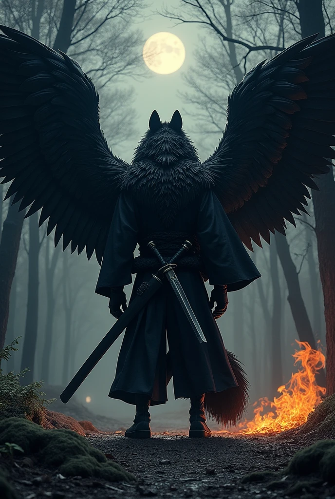 black werewolf,gigant ass, kamishimo, two katanas, black wings, neck on fire.