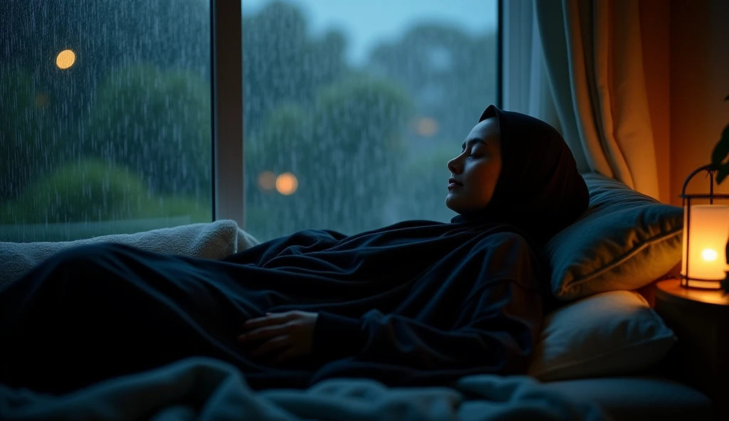 Rain sleep Muslim woman black veil glass window sleeping in a room with lightning rain