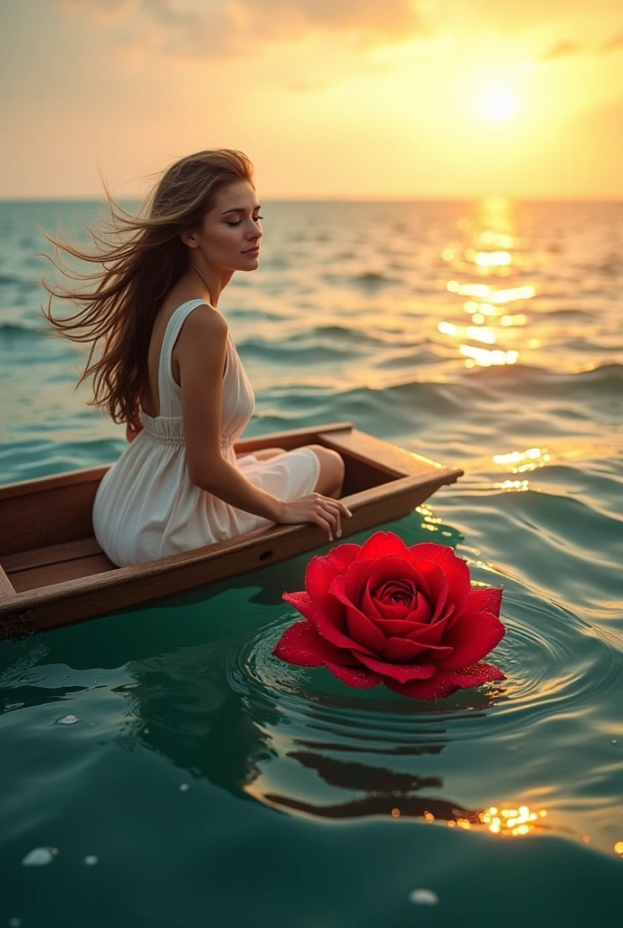 a rose in the middle of the ocean found by a woman who was riding a small boat