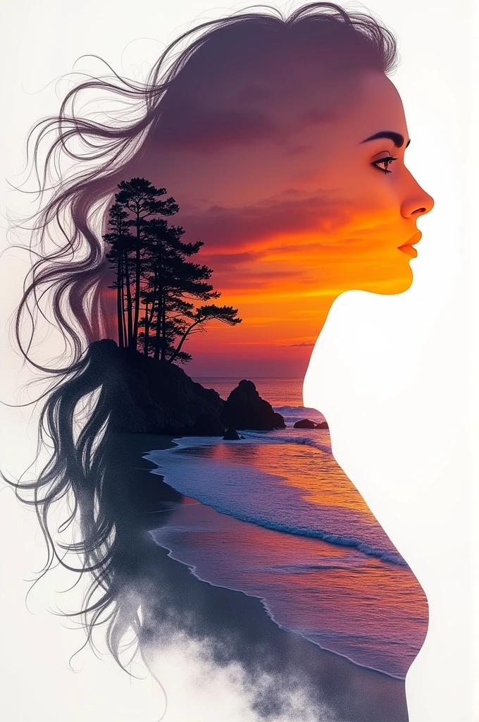 high quality, 8K Ultra HD, A beautiful double exposure that combines an goddess silhouette with sunset coast, sunset coast should serve as the underlying backdrop, with its details incorporated into the goddess , crisp lines, The background is monochrome, sharp focus, double exposure, by yukisakura, awesome full color,
