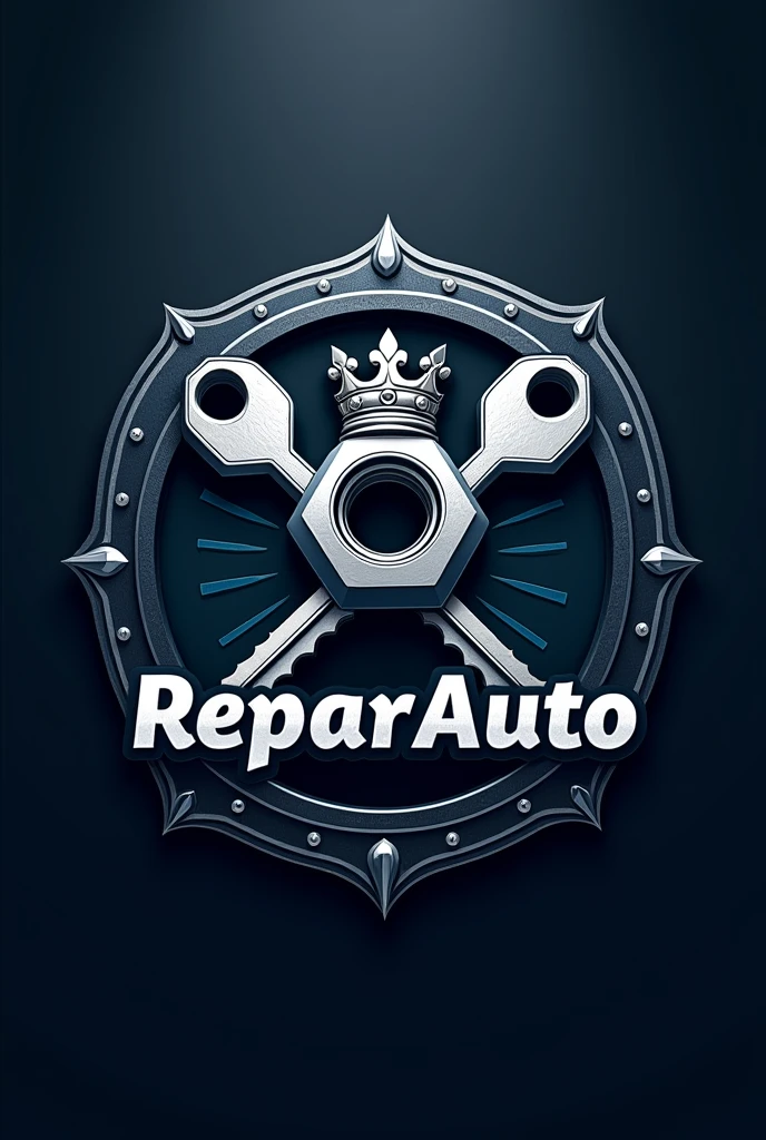 Make an automotive workshop logo with a nut with a crown on top, two keys in the center and it says ReparAuto 