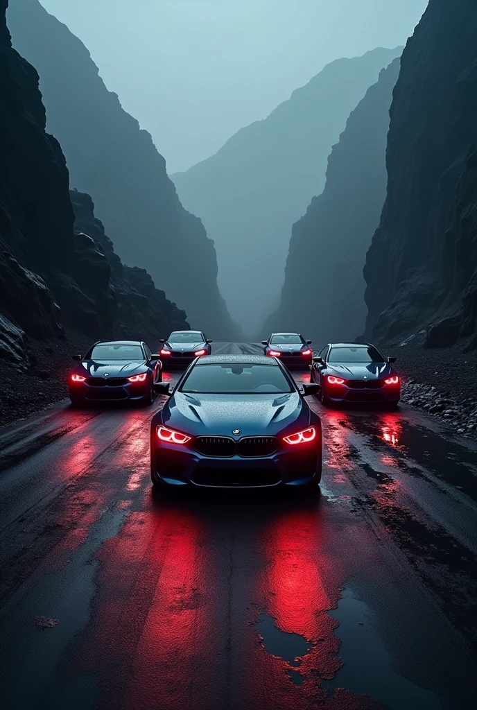 5 BMW M8 sports and scary red lights from the profile in a dark space and like reality in scary mountain valleys.
