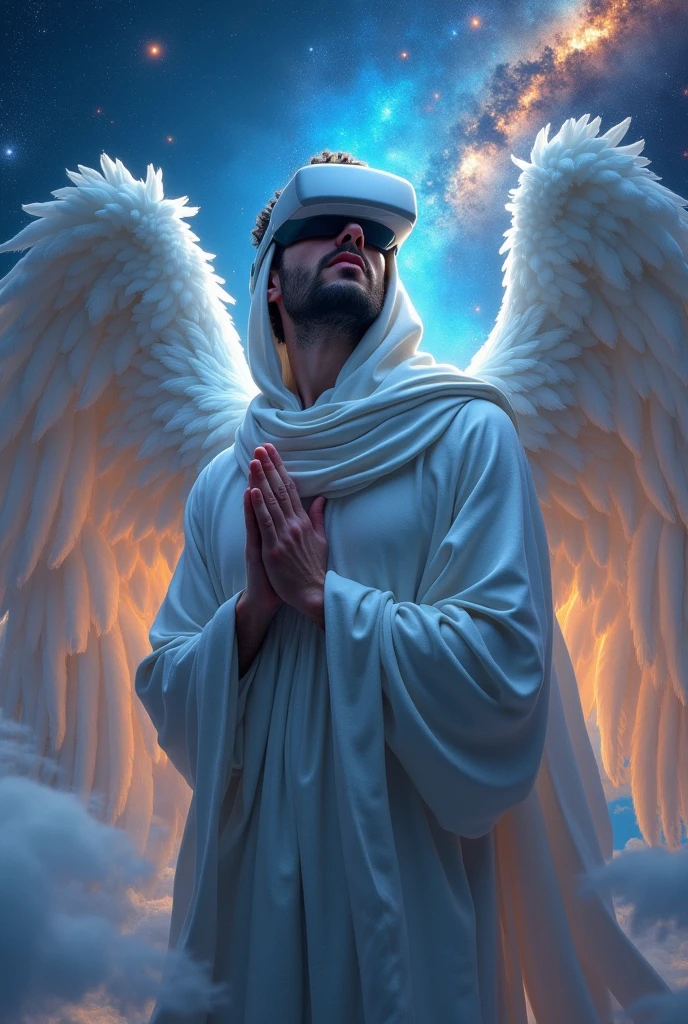 Guardian angel man prays in virtual reality glasses, in a hood