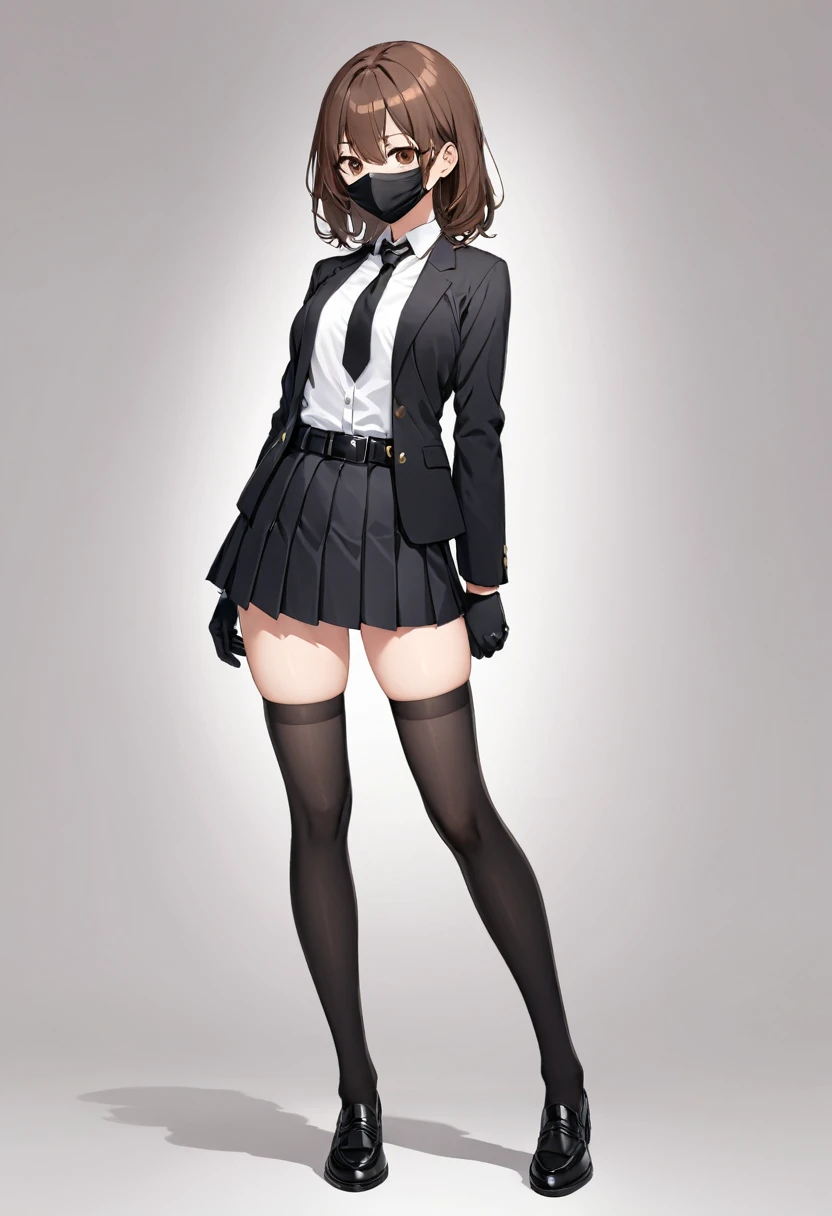 Black miniskirt , pleated skirt , black shoes ,whole body , thighs , brown hair , brown eyes , face , Black gloves , White shirt , black tie , button open blazer , standing posture , black belt , whole body샷 , black mask , black stockings
