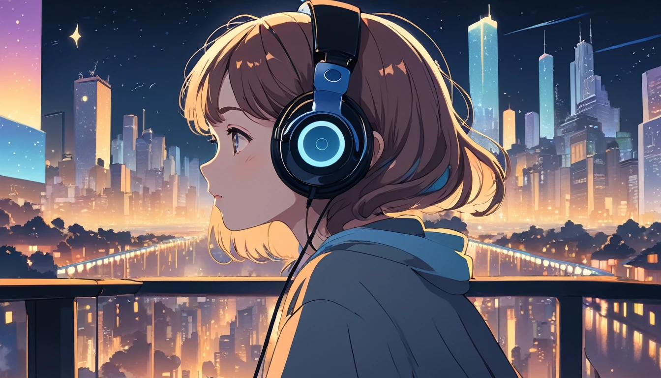 Woman wearing headphones, City of night、Wide-angle lens, Lofi Anime, Lofi illustration, Aesthetic atmosphere, Lo-Fi Style, Vector art, Flat Design, Simple shape, Warm tones, Pleasant atmosphere, Chill, In anime style, Digital drawing, Vector art, Vector logo for t-shirt printing, (Adorable:1.5), (small:1.4), (Playful:1.2), (soft:1.3), (Whimsical:1.1), masterpiece, Highest quality, 8k, Intricate details, grow, Celestial, Mysterious, Picturesque, amazing, Majestic, Magic, Fantasy art, Cover art, dream-like