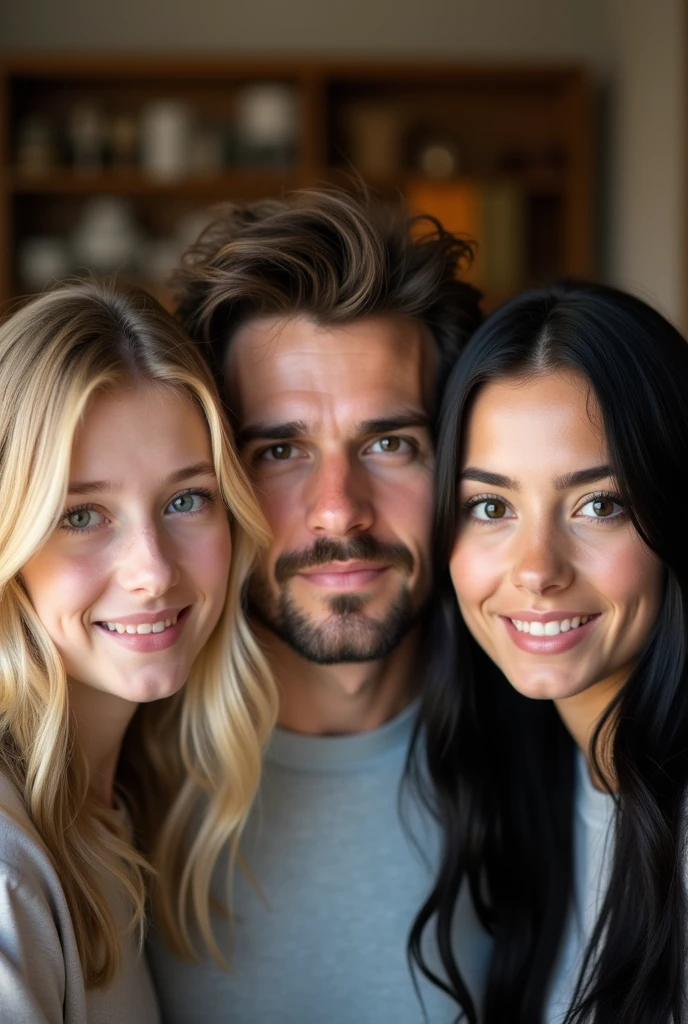 appearing only from the neck up: a 23-year-old sister, with medium blonde hair but light brown at the roots and green eyes. and a brother in the middle, 30 years old, without a mustache or beard, with brown hair. and a 31-year-old sister with black eyes and long, straight black hair.