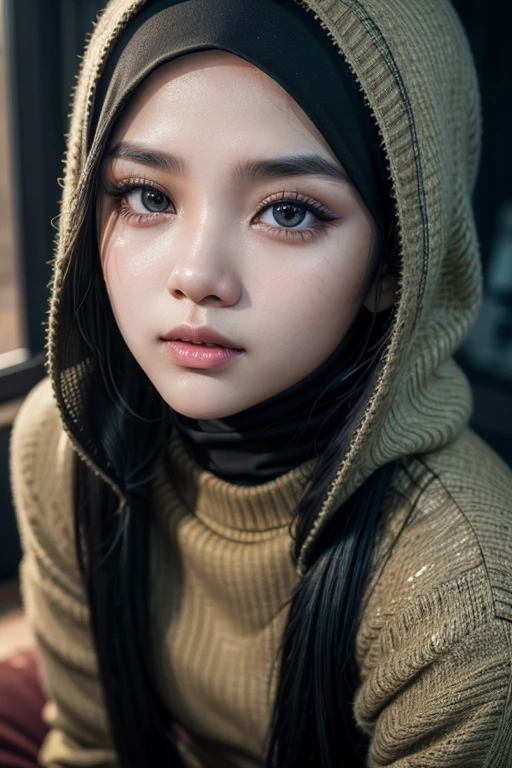 a young malay girl wearing a hijab, sweater, crop top, and leggings, close up detailed portrait, beautiful detailed eyes, beautiful detailed lips, extremely detailed face, longeyelashes, photorealistic, 4k, ultra-detailed, masterpiece, cinematic lighting, vivid colors, intricate details