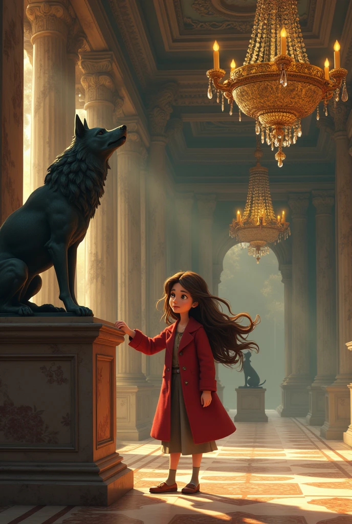 

A whimsical animated image of a young woman with brown hair, bright and frightened hazel eyes, Standing in a grand museum gallery between ornate marble columns and intricate tile floors, Surrounded by luxurious chandeliers that cast a warm golden light. She is dressed in a red coat. in front of her, on a pedestal, There is a magnificent statue of an iron wolf. She looks and touches the statue. The general atmosphere is one of quiet wonder., with a sense of lost elegance and forgotten grandeur.
