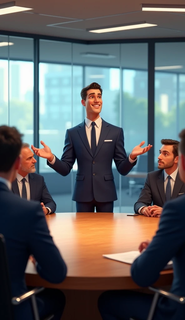  a  handsome businessman negotiate with businessmen, pixar style, cinematic,masterpiece, high-aesthetic, realistic 
