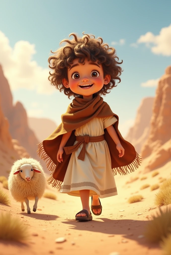 Um judeu, 7 years old, Pixar-style, Caucasian skin, Short curly hair in light brown color, wearing a white Jewish dress, with brown blanket, brown belt, jewish sandal, happy and welcoming expression, detailed facial features, complex clothing folds, warm lighting, cinematic composition in the desert, little sheep nearby, rewarded photography.