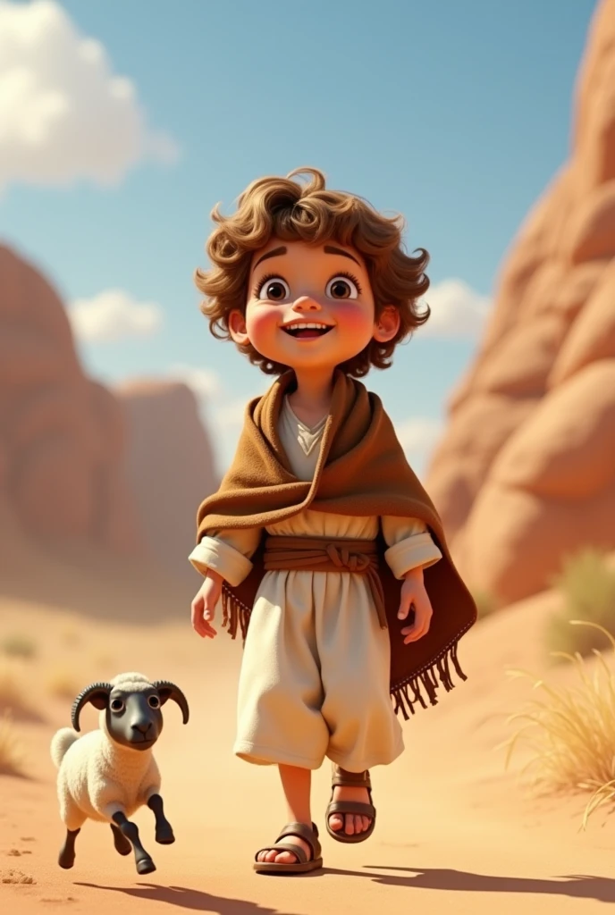 Um judeu, 7 years old, Pixar-style, Caucasian skin, Short curly hair in light brown color, wearing a white Jewish dress, with brown blanket, brown belt, jewish sandal, happy and welcoming expression, detailed facial features, complex clothing folds, warm lighting, cinematic composition in the desert, little sheep nearby, rewarded photography.