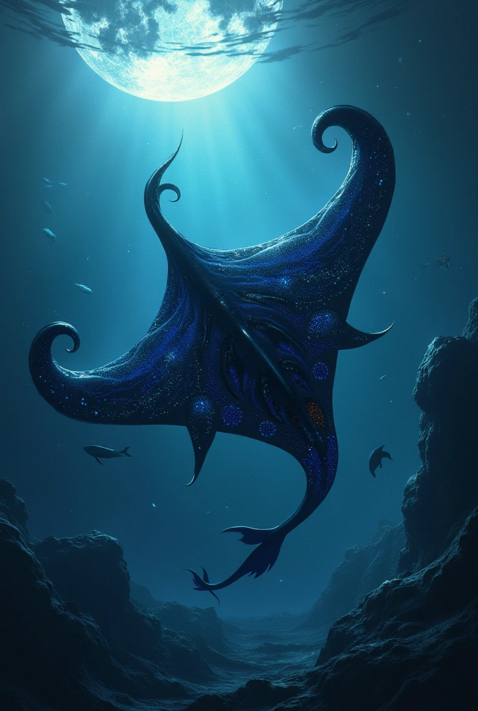 Merge a manta ray and an orca and make it look like an eldritch deity