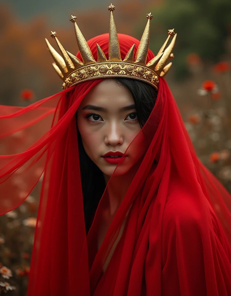 ady in red veils her face and has a large golden spiked crown, in the style of celestial fasion, otherworldly beauty, davide sorrenti, celestialpunk, album covers, fra angelico, aykut aydogdu, queencore, golden age aesthetics