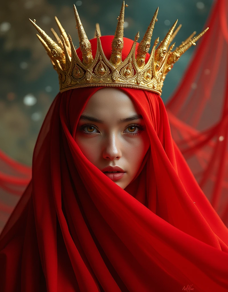 ady in red veils her face and has a large golden spiked crown, in the style of celestial fasion, otherworldly beauty, davide sorrenti, celestialpunk, album covers, fra angelico, aykut aydogdu, queencore, golden age aesthetics
