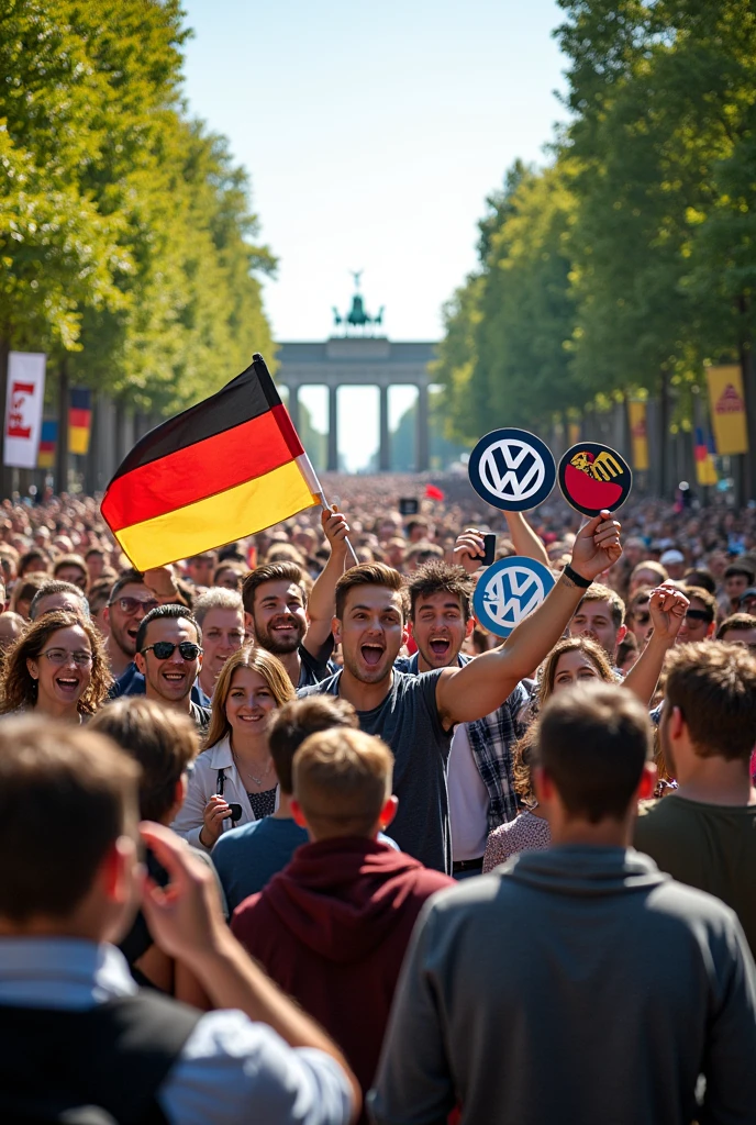 You hold signs with the logos of the brands mentioned porsche, volkswagen, AUDI, bmw and mercedes in the air full of pride for germany