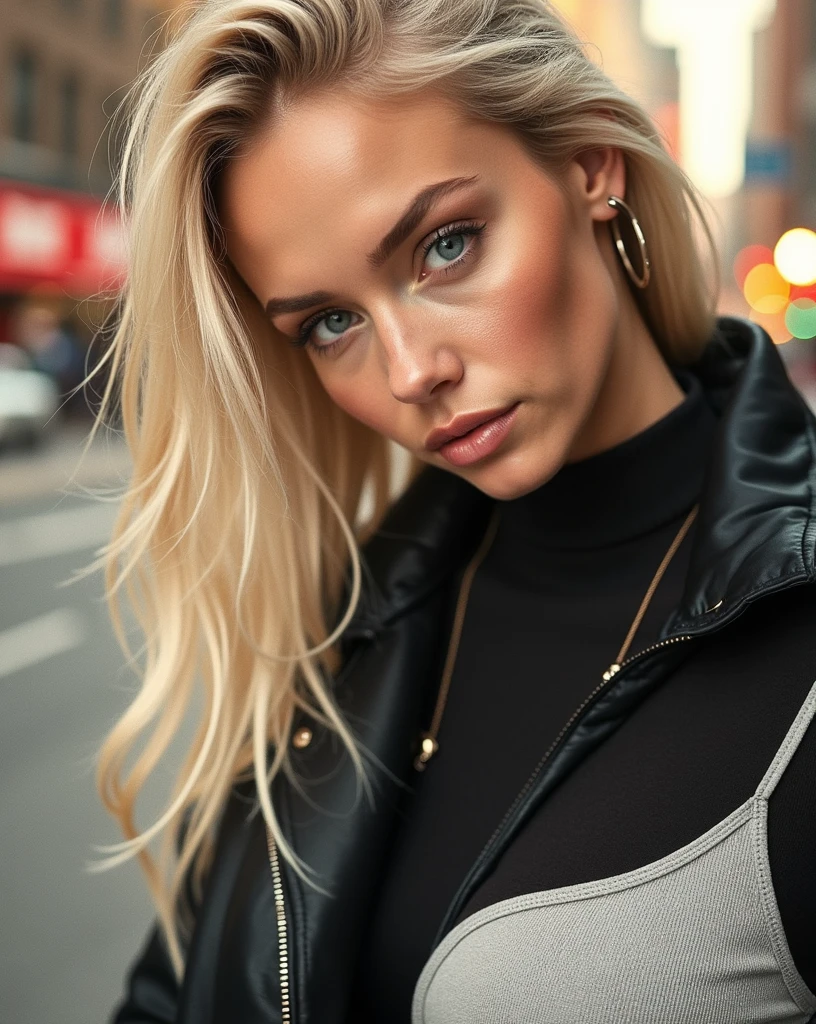 super realistic, highly detailed, sexy, young,european blonde, medium breasts, blue eyes, 26 years old, iPhone 14 Pro Max camera, Merger_mati_catentes, (twilight:1.2) , (soft lighting:1.2), (new york street:1.2), photorealistic, raw, textured skin, skin pores, intricate details, epiCRealism