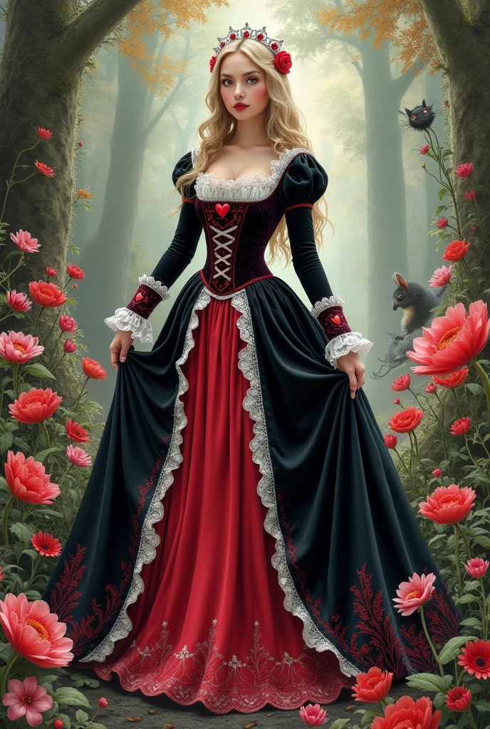 I want you to create a sketch of a medieval dress with the theme of Alice in Wonderland two being inspired by the Queen of Hearts that is simple, velvet with a corset with doctoral and white details